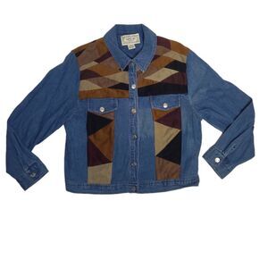 VINTAGE 90s denim‎ faux suede patchwork floral button up jacket M